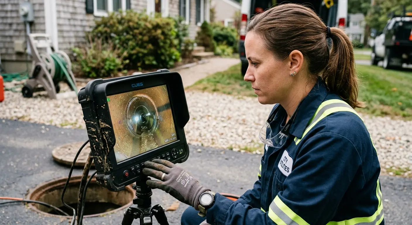 Technician reviewing sewer camera inspection footage in Burnet