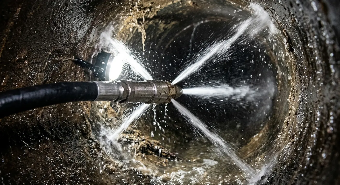 High-pressure hydro jetting nozzle cleaning sewer pipe for Sewer Cleanout in Burnet
